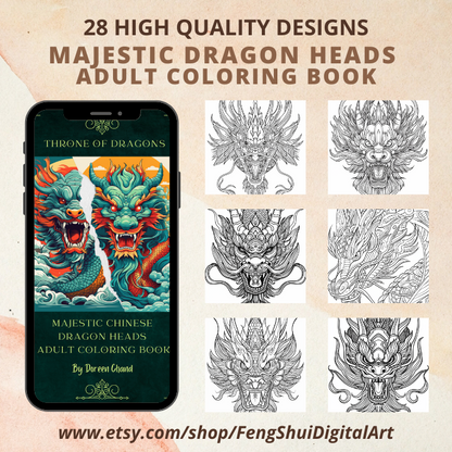 Throne of Dragons - Majestic Chinese Dragon Heads - Adult Coloring Book