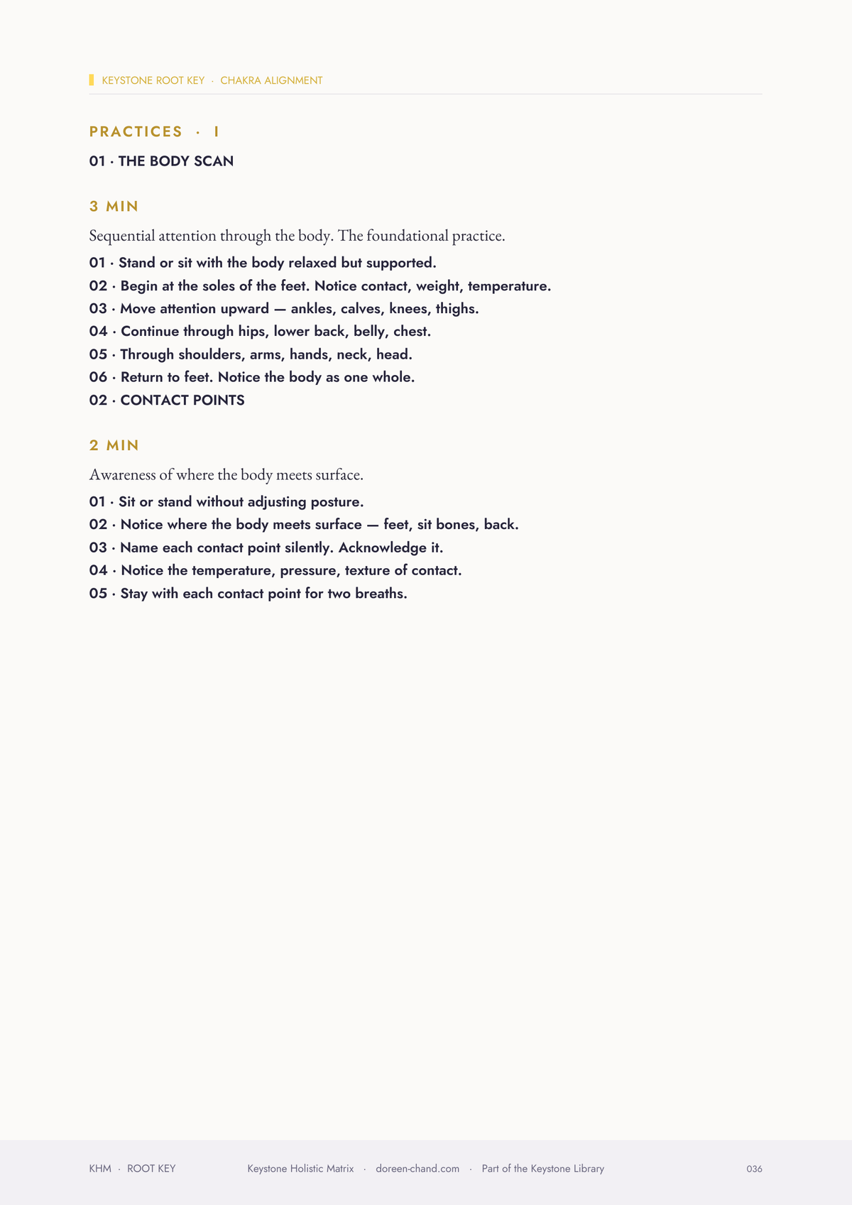 Interior page: Practices I — Body Scan and Contact Points, a grounding practice with timing and instructions